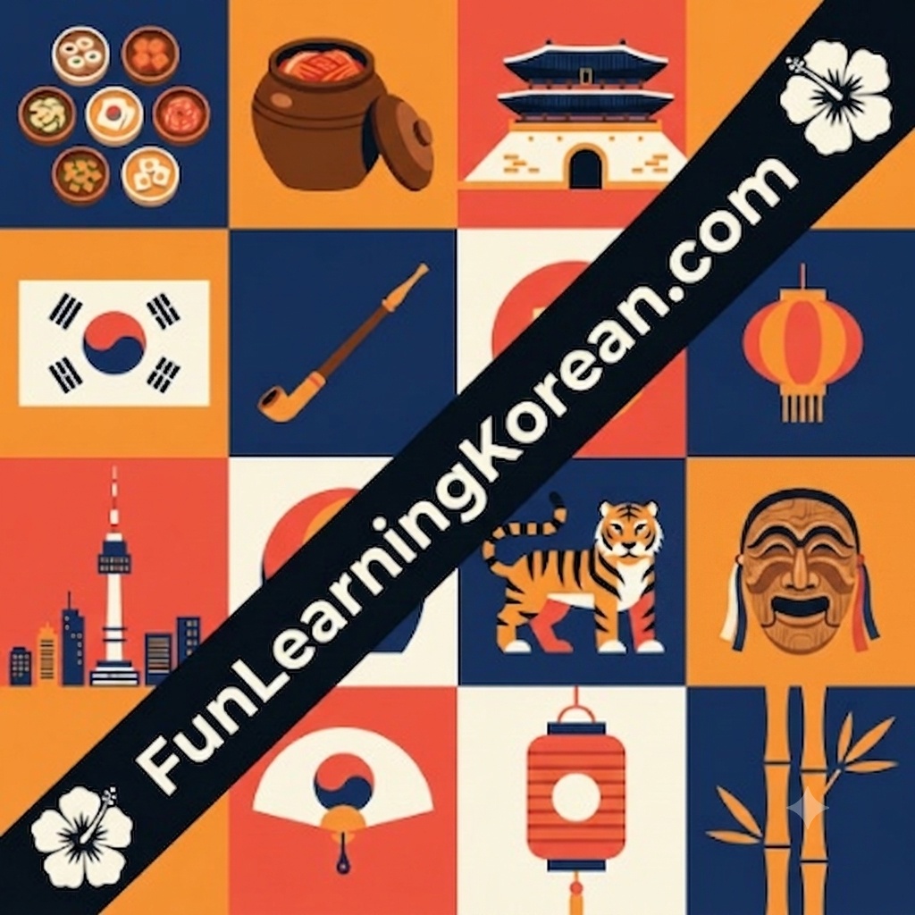 Korean cultural icons: the taegeuk flag, Namdaemun gate, a Hahoe traditional mask, a tiger, and Namsan tower